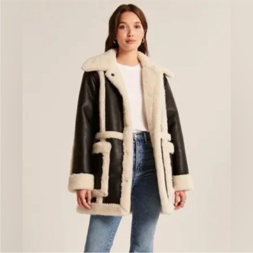 Abercrombie & Fitch Women's Oversized Sherpa Lined Vegan Leather Coat Size S